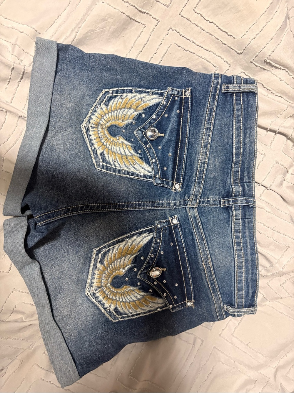 refuge Blue Denim Shorts with Gold Embroidered Wing Pockets